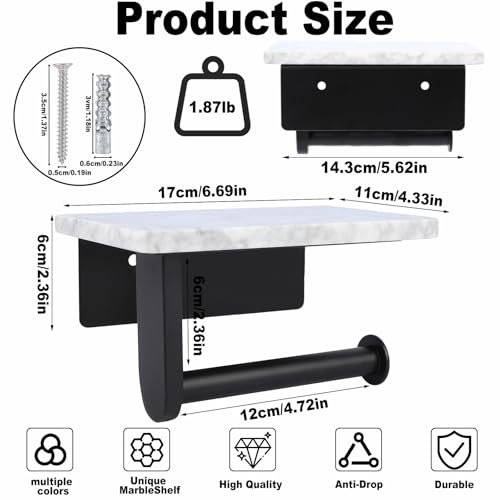 Toilet Paper Holder with Natural Marble Shelf for Bathroom Washroom,Wall Mounted Tissue Holder Suitable for Mega Roll (Small 6.7 * 4.3 in Matte Black) - color: Matte Black, size: Small 6.7 * 4.3 in