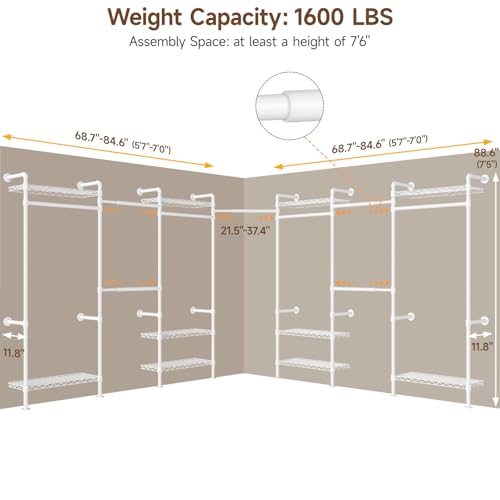 ONBRILL L7 Wall Mounted Industrial Pipe Clothing Rack – Heavy Duty Modular Closet System with 9 Hanging Rods ( 6 Expandable) & 10 Adjustable Shelves, Corner Garment Rack, Large Wardrobe - White - color: White