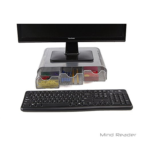 Mind Reader Perch Monitor Stand Desk Organizer, Silver Metal Mesh - size: 13.25"L x 12.5"W x 3"H