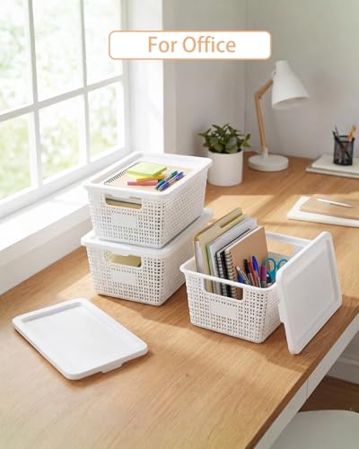 Plastic Storage Baskets with Lids [6-Pack] – Stackable Organizing Bins with Secure Snap-On Lids for Pantry, Bathroom & Closet | 11"x7"x5" Bins Hold 25lbs, Dustproof & Water-Resistant, White - color: White