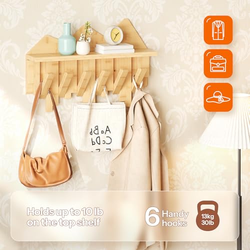 HOOBRO Wall Hooks with Shelf, Coat Rack with Shelf Wall-Mounted, Entryway Wall Key Holder, Hat Rack for Walls, Purse Hanger for Wall, Entryway Hanging Shelf with 6 Retractable Pegs, Natural YL46YM01 - color: Natural