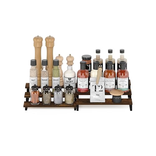 Furinno RAVEL Kitchen Countertop Organizer Set of 2, 3-Tier Counter Shelves, Kitchen Storage, Expandable, Spice Rack, for Pantry, Coffee Bar, Amber Pine - color: Amber Pine/Black, size: 3-Tier, Nestable