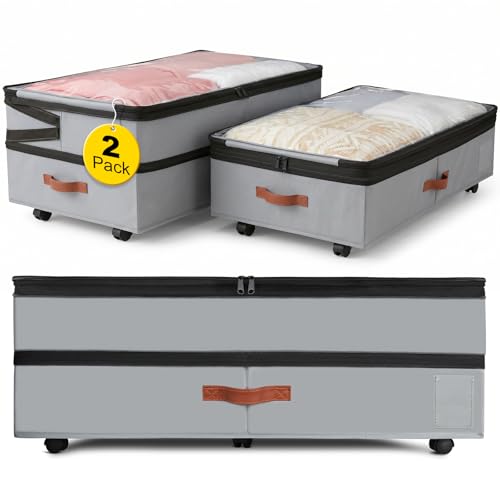2 Pack Under Bed Storage with Wheels, Adjustable-Height Rolling Storage Containers with Clear Lids, 76L XXL Durable Underbed Organizer Bins for Clothes, Shoes, Blankets, Bedroom, Dorm, Closet - Gray