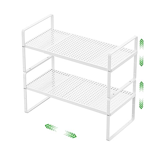 Expandable Cabinet Storage Shelf Stackable Organizer Rack for Kitchen Bathroom Pantry Spice Cupboard Coffee Countertop Home Office Desk Heavy Duty Nonslip White Small 2 Packs - color: White 2 Packs, size: Small - 8.1"W x (16.5"-27.1")L x 9.8"H