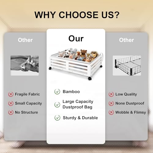 Under Bed Storage Containers With Wheels - 2 Pcs Bamboo Wood Rolling Underbed Shoe Storage Bins With Dust Bags for Clothes Blankets, Duvet Covers Snacks Toys (White) - color: White, size: M