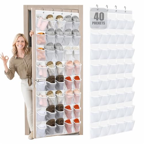 Windyun 40 Over the Door Shoe Organizer Large Breathable Mesh Pocket Clear White Hanging Shoe Rack for Closet Behind Door Hanger Storage Holder Nonslip Hook for Women Men Entryway Bedroom Utility Room - color: White