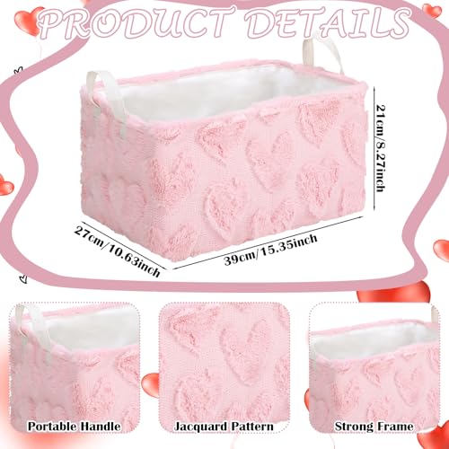 Kathfly Pink Heart Storage Baskets Valentine's Day Plush Faux Fur Jacquard Design Laundry Basket with Handles Waterproof Storage Bins Fabric Shelf Baskets for Organizing - style: Pink Heart