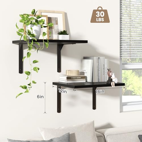 Fun Memories Floating Shelves for Wall, 12 Inch Deep Floating Shelves Set of 2, Wall Mounted Shelf with Metal Brackets, Rustic Wood Wide Shelf for Bathroom, Kitchen and Living Room, Black, 16W x 12D - color: Black- L Bracket, size: 16"W x 12"D