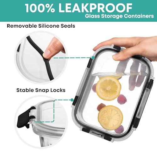 Razab 30 PC Glass Food Storage Containers with Lids - Reusable Glass Meal Prep Containers for Lunch and Leftovers - Airtight & Leakproof Snap Locking Lids - Oven, Freezer, Microwave, Dishwasher Safe - color: Black