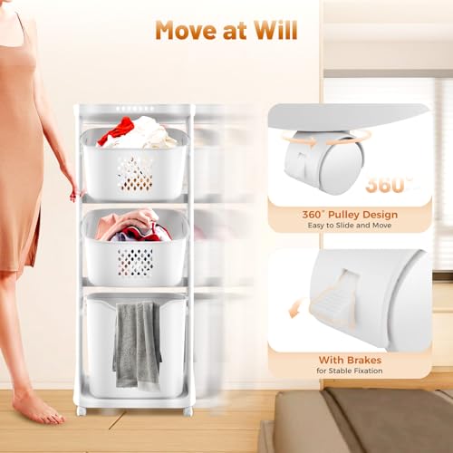 3-Tier Laundry Hamper Sorter, Removable Vertical Rolling Laundry Baskets Stand with Wheel, Stackable Dirty Clothes Cart Organizer and Storage for Small Space, Dorm, Closet, Bathroom (3-Tier)