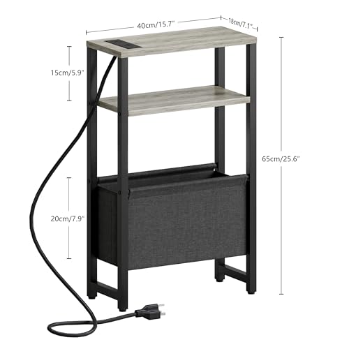 Narrow Side Table with Charging Station Slim End Table Sofa with Magazine Rack, Bedside Table for Small Spaces, 3 Tier Nightstand for Living Room Couch, Bedroom Oak Grey LET503QE - color: Oak Grey