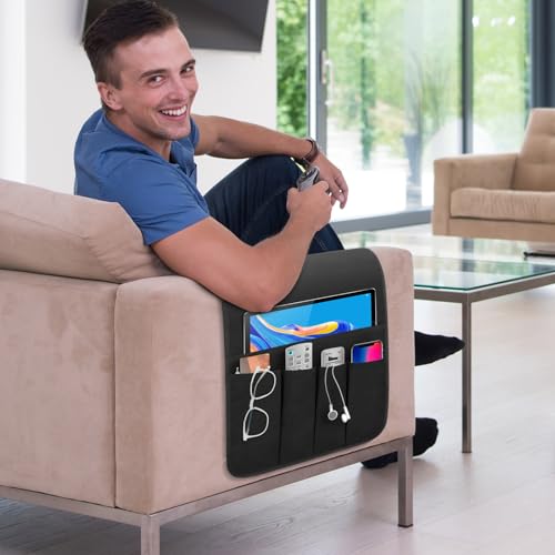 Non-slip Couch Organizer Armchair Caddy, Oxford TV Remote Control Holder Bedside Caddy with 5 Pockets for Key Glasses Phone Magazine Holders. - size: 35"x12.4"