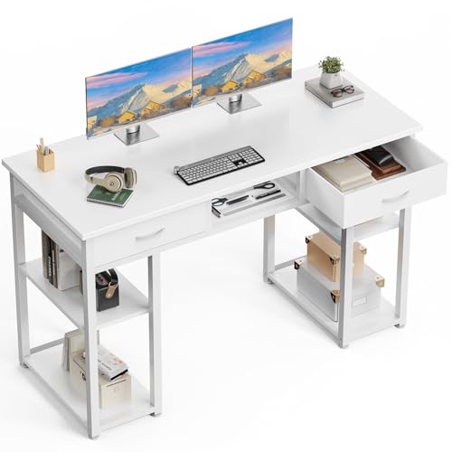 DUMOS 48" Small Computer Home Office Desk for Bedroom with Drawers, Gaming Writing Study Table with Storage Shelf, Adjustable Feet, Metal Frame Natural White - color: Natural White, size: 48-In