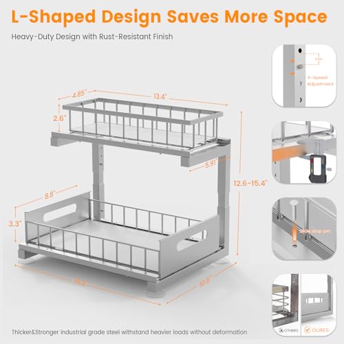 Under Sink Organizer, Heavy Duty Metal Pull Out Cabinet Organizer Slide Out Sink Shelf Organizer Height Adjustable, Multi-Purpose Storage Shelf for Kitchen Bathroom(Sliver,2Pack) - color: Silver, size: 2 Pack