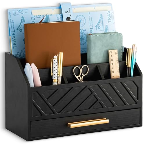 dreampossible Black Wood Desk Organizer and Accessories with Drawer, Bill Mail Organizer and File Mail Holder for Office Supplies, Modern Desk Accessories & Workspace Organizers for Desk Organization - color: Black A
