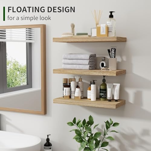 Marsmiles Wood Floating Shelves for Wall Set of 3, 17 Inch Wide Rustic Wooden Floating Shelves, Invisible Wall Mounted Display for Living Room Bedroom Kitchen Bathroom Office, Carbonized Black - color: Carbonized Black, size: 17inch, Set of 3