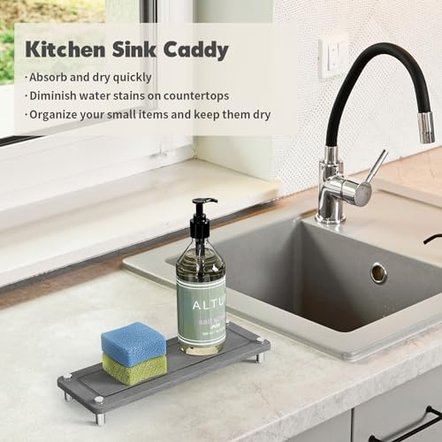 Kitchen Sink Caddy Water Absorbing Stone Tray For Sink, Diatomite Bathroom Countertop Tray Organizer, Faucet Stone Drying Mat Coaster Soap Dish Sponge Dispenser Holder (Grey) - color: Grey