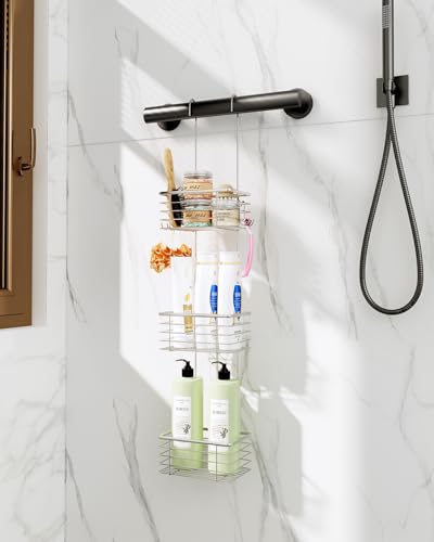 3-Tier Small Hanging Bathroom Organizer,caddy hanging,Shampoo Holder Stainless Steel,over the door shower caddy,shower storage - size: Narrow three-layer design
