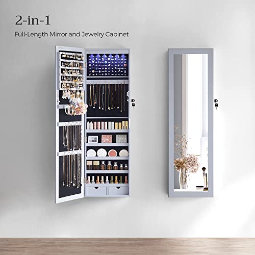 SONGMICS 6 LEDs Mirror Jewelry Cabinet, 47.2-Inch Tall Lockable Wall or Door Mounted Jewelry Armoire Organizer with Mirror, 2 Drawers, 3.9 x 14.6 x 47.2 Inches, Gray UJJC93GY - color: Gray