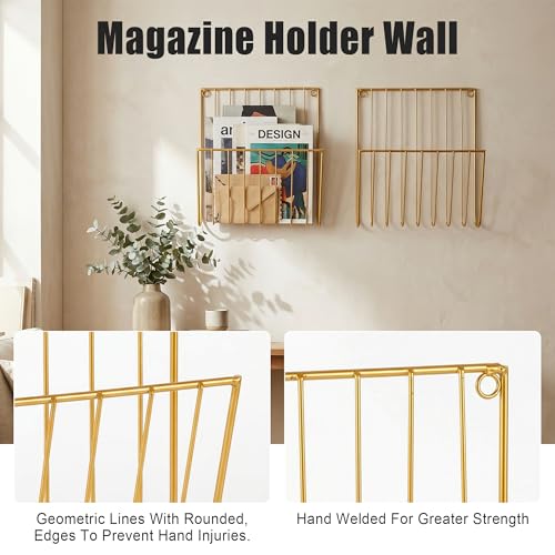 2-Pack Wall Magazine Holder File Organizer Mental , Wall Mounted Magazine Rack for Space-Saving, Walls Magazine Holder for Mail, Bathroom & Home Office Organizer, Office Living Room(Gold)