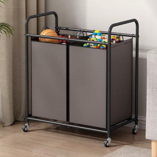 SUOERNUO Laundry Hamper Basket 2 Bag Laundry Sorter Cart with Rolling Lockable Wheels and Removable Bags Laundry Organizer Cart for Clothes Storage, Assorted - color: Brown, size: 2 Bags