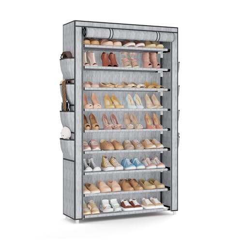 Shoe Rack with Cover, 10 Tier Shoe Organizer Storage for 40-50 Pairs Sneaker and Boots, Large Capacity, with 8 Pockets, Free Standing Tall Shoe Rack for Front Door Entrance, Closet, Printing - color: Printing