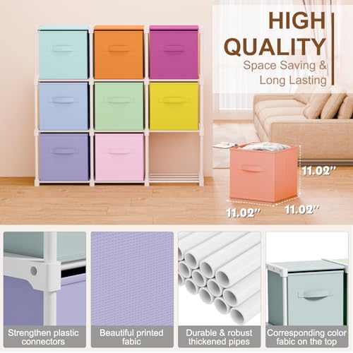 Briwooody 9 Cube Storage Organizer Bins with Shelf 11'' Toy Storage Box Back to School Dorm Organizers Fabric Unit for Playroom Book (Macaron Colors) - color: Macaron Colors