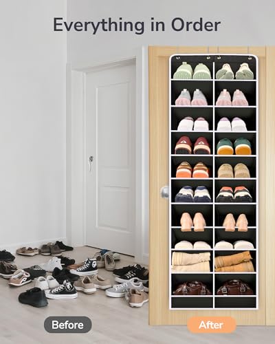 ULG Over The Door Shoe Organizer for Closet Fit 24-32 Pairs with Large Deep Pockets, Narrow Shoe Rack for Door Hanging Boots Storage, Black - color: Black, size: 10-Tier