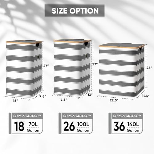 BALEINE Laundry Hamper with Lid, Tall Laundry Baskets with Bamboo Pull Handles, Large Laundry Bin with Internal Support (18 Gal/70L, Grey Stripe) - color: Grey Stripe, size: 70 liters