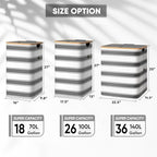BALEINE Laundry Hamper with Lid, Tall Laundry Baskets with Bamboo Pull Handles, Large Laundry Bin with Internal Support (18 Gal/70L, Grey Stripe) - color: Grey Stripe, size: 70 liters