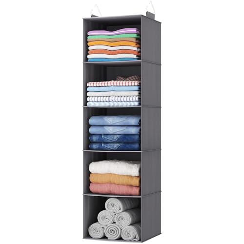 Lifewit 5 Tier Hanging Closet Organizer and Storage for Shelves, Foldable Clothes Shelf with 2 Sturdy Hooks, Sweater/Coat/Shoes Clothing Organization for Wardrobe, Dorm, Bedroom, Gray - color: Grey