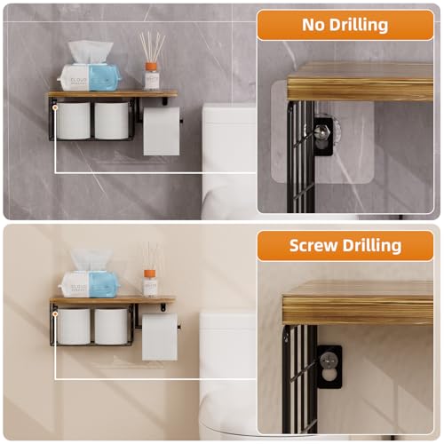 VITVITI Toilet Paper Holder with Shelf, Wall Mounted Toilet Paper Storage Basket, Wood Metal Toilet Roll and Wipes Holder for Bathroom Farmhouse (Brown) - color: Brown