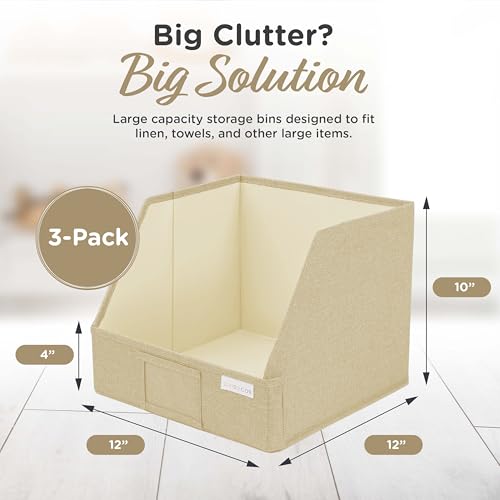 VIVIDECOR Open Front Closet Storage Bins 12x12x10 – Trapezoid Shelf Organizer, Easy Access Fabric Baskets for Clothes, Towels – Beige, 3 Pack - color: Beige