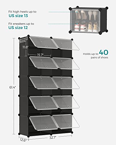 SONGMICS Shoe Rack Organizer, 10-Tier Shoe Storage Cabinet for Closet and Entryway, Holds 40 Pairs of Shoes, Adjustable, Ink Black and Trasparent ULPC035B01 - color: Ink Black + Trasparent, size: 10 Cubes