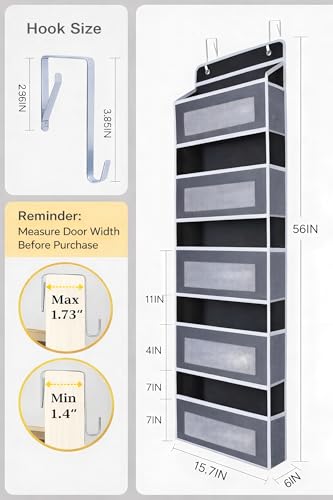 Over The Door Organizer 44LB Capacity with 5 Large Pockets & 10 Mesh Side Pockets, Clear Window Anti-Tilt Hanging Storage for Nursery, Bathroom, Pantry - Dark Grey, 1 Pack - color: Dark gray