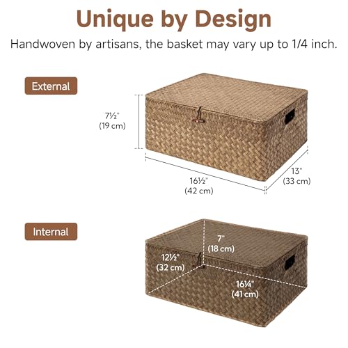 StorageWorks Extra Large Wicker Baskets, Seagrass Storage Baskets for Shelves, Decorative Box with Built-in Handles,Brown - color: Brown(Seagrass), size: 16½"L × 13"W × 7½"H