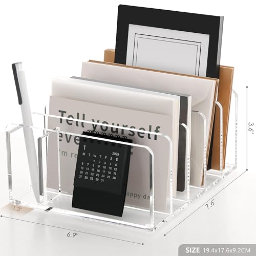 SANRUI Acrylic Mail Organizer, 5 Compartments File Holder for Desk, Letter Sorter with Pen Holder, Clear Countertop Document Sorter for Notebooks, Bills & Eyeshadow Palettes - style: 5 Sections with Pen Holder