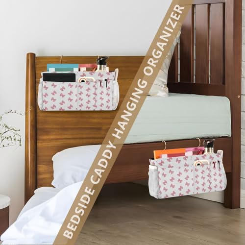 Bedside Caddy Hanging Storage Bag Pink Bows Print Bedside Organizer Caddy for Bunk, Dorm Room, Hospital Beds - Place Magazines / Remotes / Keys