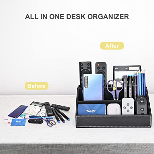 KINGFOM Pu Leather Desk Organizer with 5 Compartments Holder, Multi-Functional Office Supplies Storage Caddy for Pen/Pencil, Phones, Remote Controller and Desktop Accessorie Black - color: Black