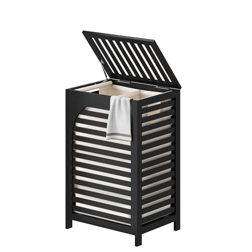 FILWH Laundry Hamper with Lid (16.9 * 13 * 26.5inches) Large Bamboo Laundry Bin Basket 85L Clothes Hamper with 1 Removable Bag Storage baskets for Bathroom(Black) - color: Black