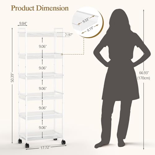 6 Tier Slim Rolling Storage Cart, Narrow Mobile Shelving Unit Organizer Utility Cart with Wheels, Metal Wire Storage Rack with Baskets for Kitchen, Bathroom, Laundry & Living Room, 10in(W) White - color: White, size: 6 Tier(10 inches)