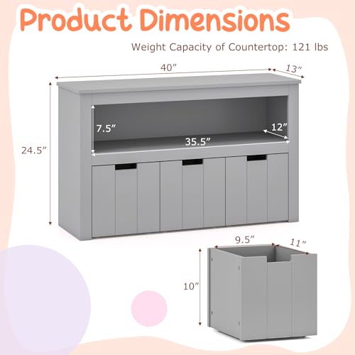 GLACER Toy Storage Organizer, Wooden Montessori Shelf with 3 Movable Drawers, Hidden Wheels, Toy Box for Boys and Girls, Kids Storage Organizer for Playroom, Nursery, Kindergarten, Living Room (Gray) - color: Gray