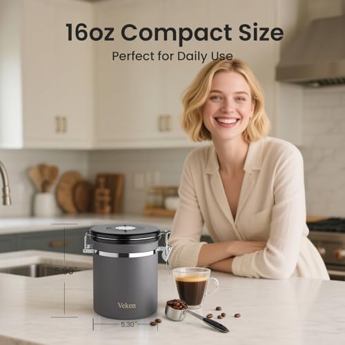 Veken Coffee Canister, Airtight Stainless Steel Kitchen Food Storage Container with Date Tracker and Scoop for Beans, Grounds, Tea, Flour, Cereal, Sugar, 16OZ, Gray - color: Gray, size: 16 oz