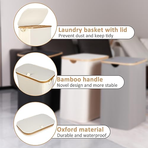 iEGrow 65L Slim Laundry Hamper, Narrow Laundry Basket with Lid,Foldable Clothes Hamper with Bamboo Handles,Hamper Basket with Removable Inner Bag for Laundry Room Bedroom College Dorm,17.17 Gals Beige - color: Beige, size: 65L