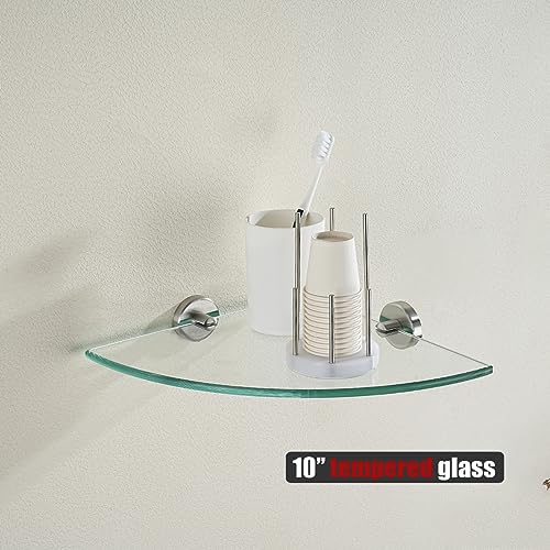 JQK Corner Glass Shelf, Brushed Steel Bathroom 304 Stainless Steel Shower Triangle Floating Wall Shelf, 10 x 10 Tempered Glass, 2 Pack, TGS190L10-BN-P2 - color: Brushed, size: 2 Pack