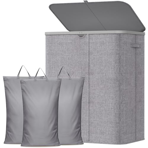 Lifewit 185L Large 3 Section Laundry Hamper with Lid, Plastic Laundry Basket with Bamboo Handles and Removable Bags, Tall Foldable Clothes Hamper for Bathroom Bedroom, Light Gray - color: Light Gray