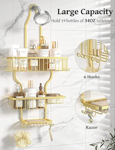 YASONIC Never-Rust Aluminum Hanging Shower Caddy – Over-the-Showerhead Organizer with 10 Hooks for Razor and Sponge – Includes Soap Basket – Gold - color: Gold