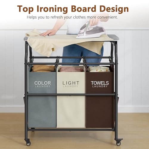 Hoctieon 3 Section Laundry Sorter Cart with Ironing Board, Laundry Hamper Basket with Shelf and Wheels, Heavy Duty Clothes Organizer, Large Clothes Separator with Removable Bags, Brown+Gray+Beige - color: Brown+gray+beige