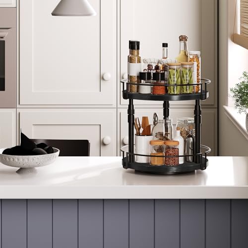 HOOBRO Lazy Susan Organizer Spice Rack, 2-Tier Height Adjustable Rotating Lazy Turntable Spice Organizer, for Kitchen Countertop and Cabinet, Black BB05TL01 - color: Black