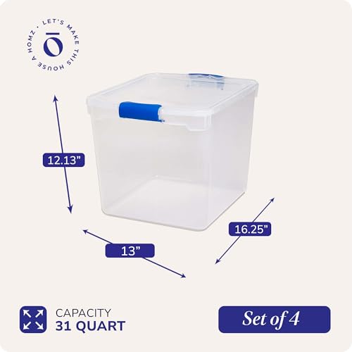 HOMZ 4-Pack 31 Quart Latching Lid, Clear Plastic Storage Organizer Bins, Blue – Stackable Containers for Home & Office Shelves, Kitchen, Garage, and Bathroom Organization - color: Blue, size: 31 QT (4 Pack)